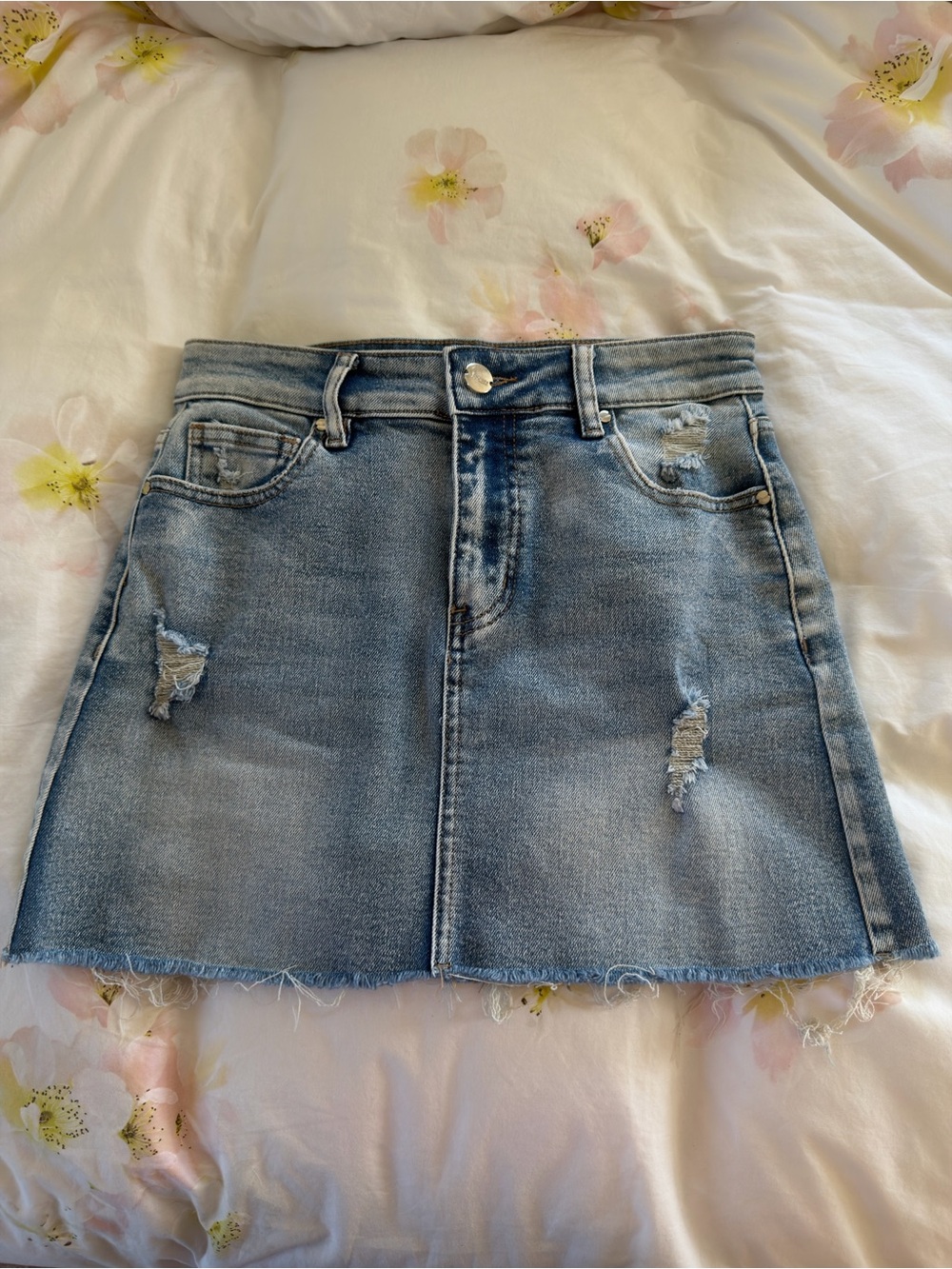 Light Wash Distressed Denim Mini Skirt